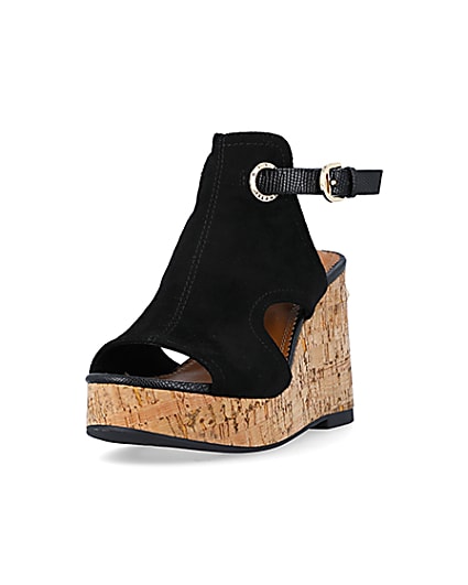 360 degree animation of product Black open toe wedge heeled sandals frame-23