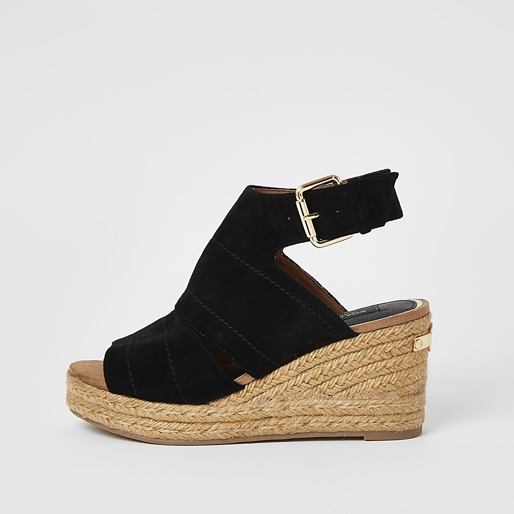 Black open toe wide fit wedge sandals | River Island