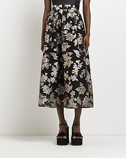 Black organza floral midi skirt