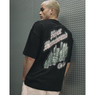 Black Oversized Cotton City Glitter T-Shirt | River Island