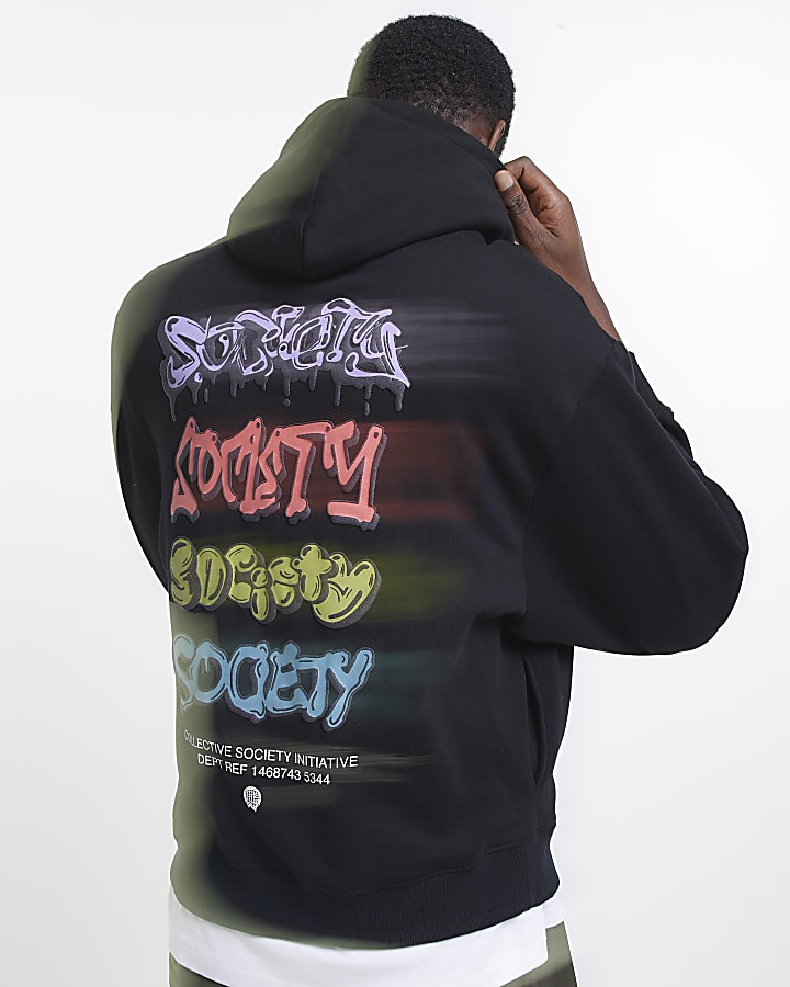 Black oversized fit graffiti print hoodie
