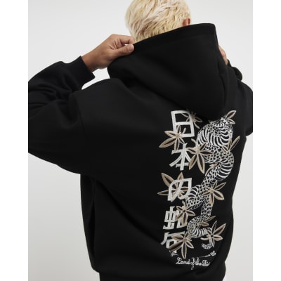 Black Oversized Fit Japanese Snake Zip Hoodie | River Island