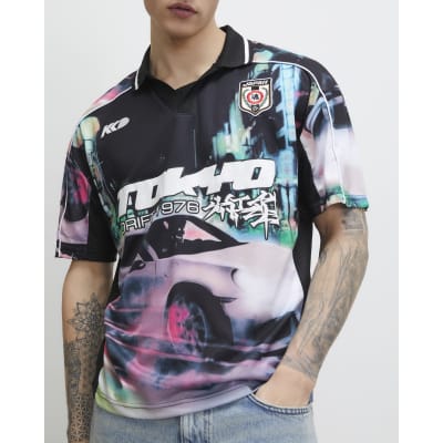 Black Oversized Fit Tokyo Drift Polo Shirt