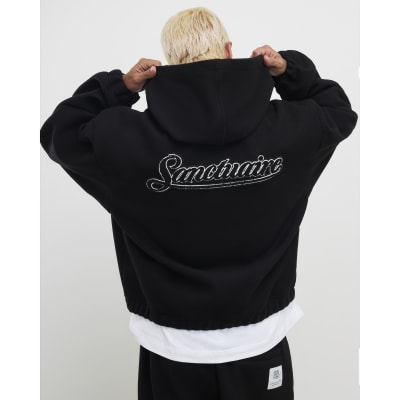 Black Oversized Fit Zip Through Felt Hoodie