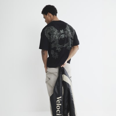 Black Oversized Flock Dragon Tee