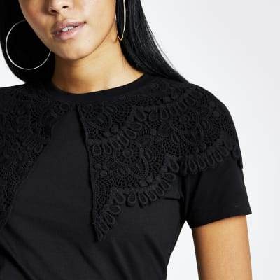 Black oversized lace collar Tshirt River Island