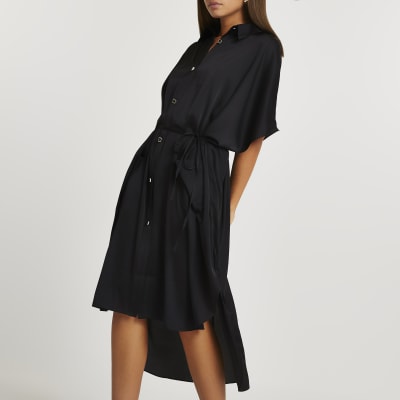 black oversized button front shirt dress