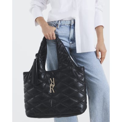 Black Oversized Quilted RR Tassel Slouch Bag