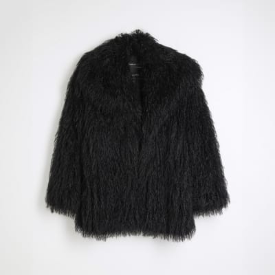 Black faux fur jacket river island deals