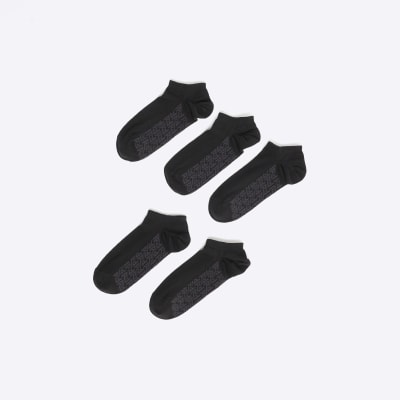 Black Pack Of 5 Ribbed Monogram Trainer Socks