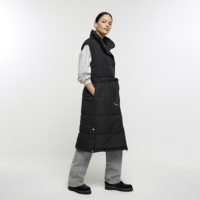 Black padded belted longline gilet