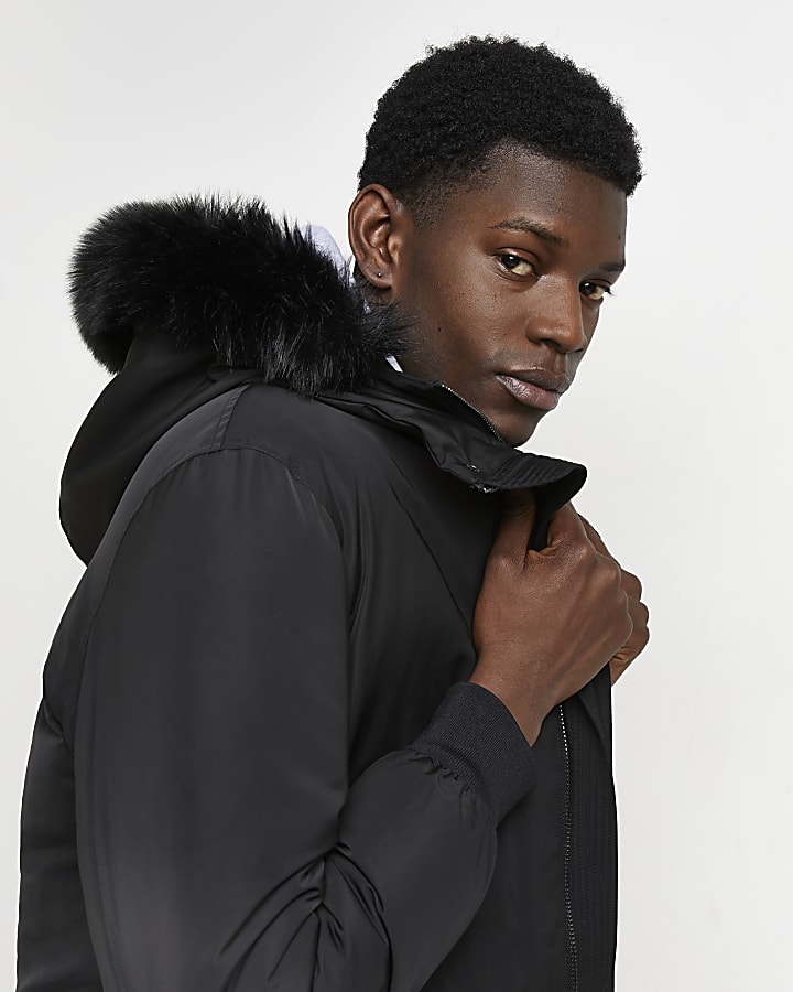 Black padded faux fur hooded bomber jacket