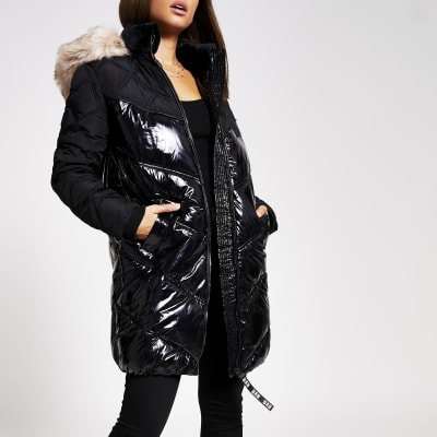 long black quilted coat with fur hood