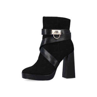 360 degree animation of product Black padlock heeled ankle boots frame-2