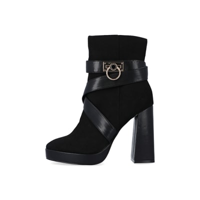 360 degree animation of product Black padlock heeled ankle boots frame-3