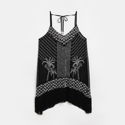 Black palm embroidered mini dress