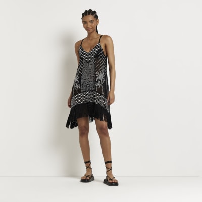 Black palm embroidered mini dress