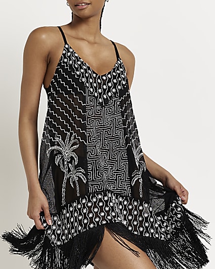 Black palm embroidered mini dress