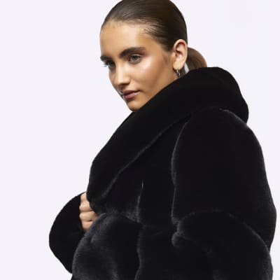 Black faux fur jacket river island hotsell