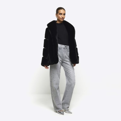 Black faux fur jacket cheap river island