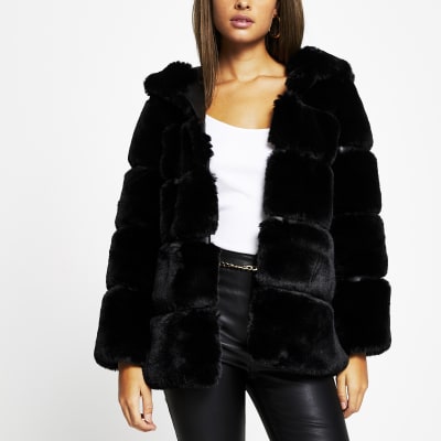 Black panelled hooded faux fur coat | River Island