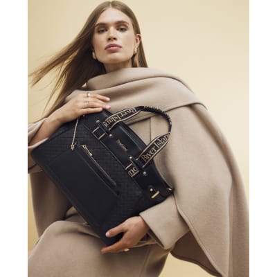 Black Panelled Webbing Handle Tote Bag