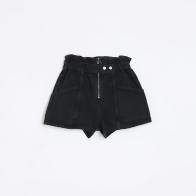 Black paperbag denim shorts