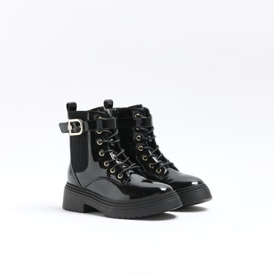 Black patent ankle store boots river island