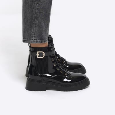 River Island lace up velvet jewel buckle boot in black