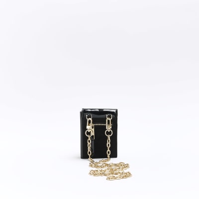 Black patent chain cross body card holder River Island