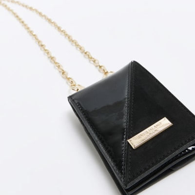 Black patent chain cross body card holder River Island