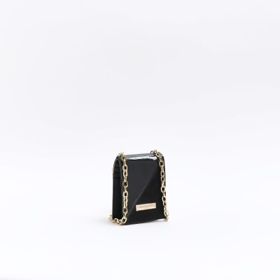 Black patent chain cross body card holder River Island