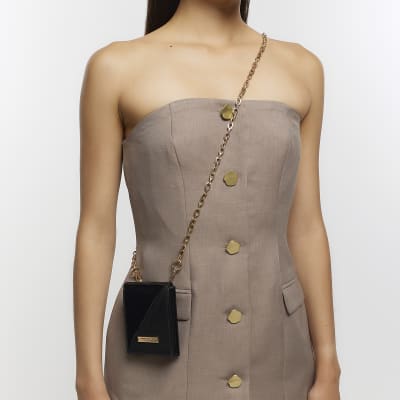 Black patent chain cross body card holder River Island