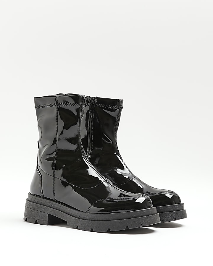 Black patent chunky ankle boots