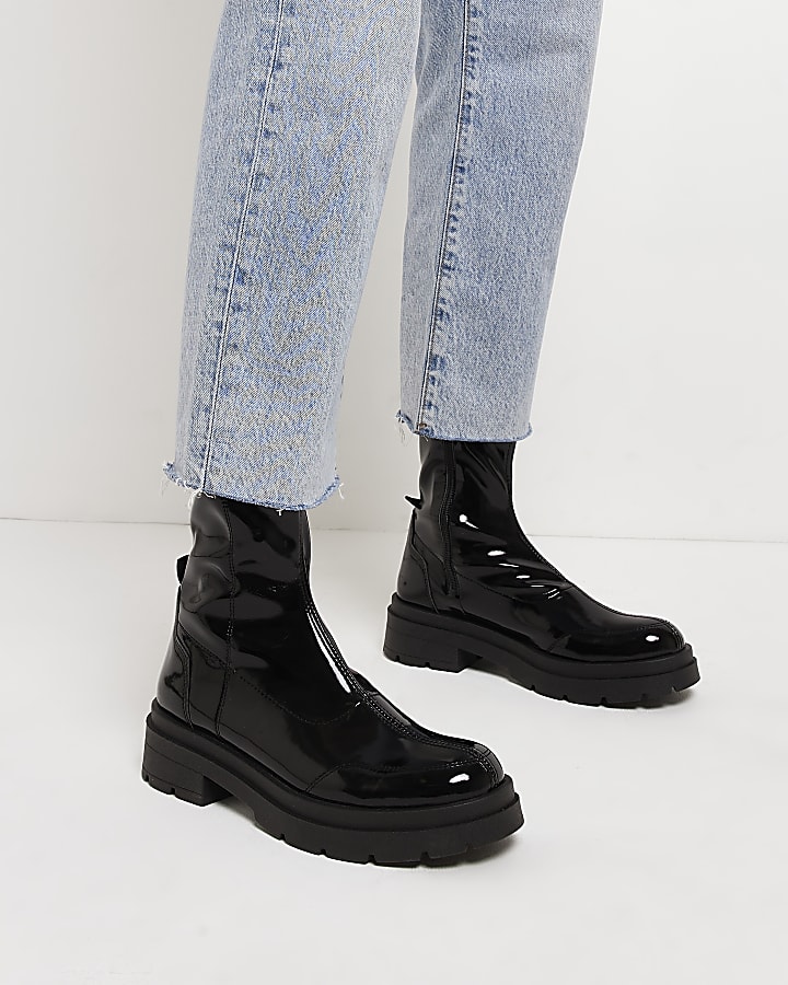 Black patent chunky ankle boots