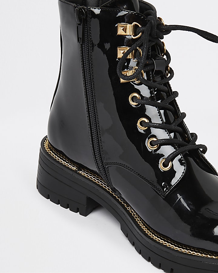 Black patent chunky biker boots