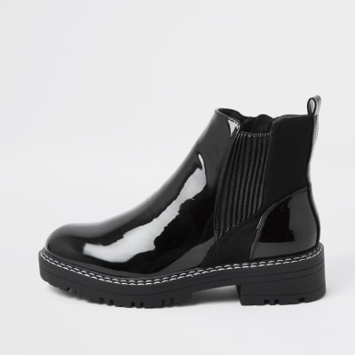 Black patent chunky chelsea flat ankle boots