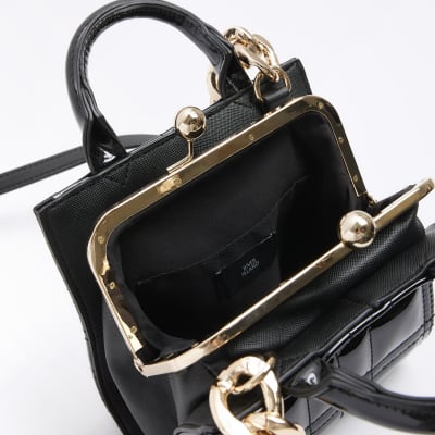 Black patent clip top cross body bag River Island