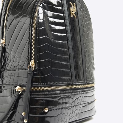 Black patent croc embossed backpack River Island