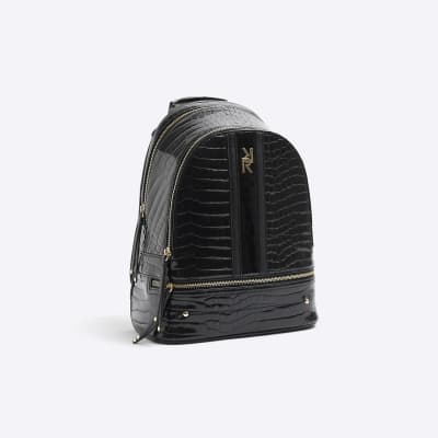 Black patent croc embossed backpack River Island