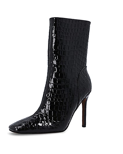 360 degree animation of product Black Patent croc embossed heeled Boots frame-1