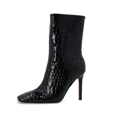 360 degree animation of product Black Patent croc embossed heeled Boots frame-2