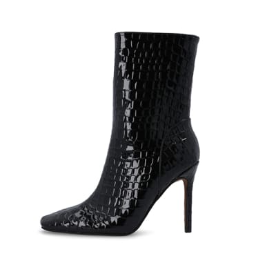 360 degree animation of product Black Patent croc embossed heeled Boots frame-3