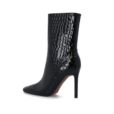 360 degree animation of product Black Patent croc embossed heeled Boots frame-5