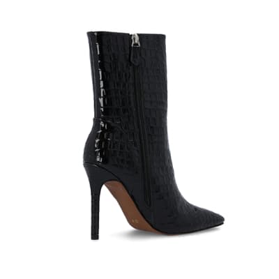 Black Patent croc embossed heeled Boots River Island