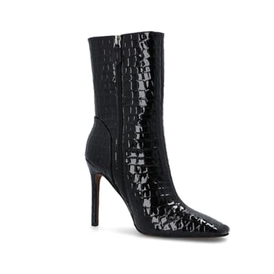 Black Patent croc embossed heeled Boots River Island