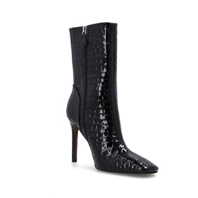 Black Patent croc embossed heeled Boots River Island