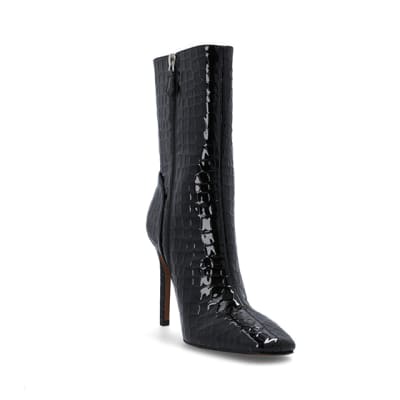 360 degree animation of product Black Patent croc embossed heeled Boots frame-19