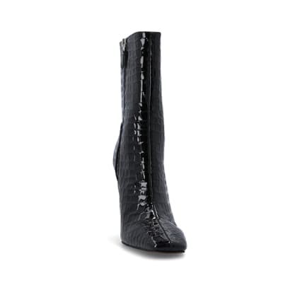 Black Patent croc embossed heeled Boots River Island