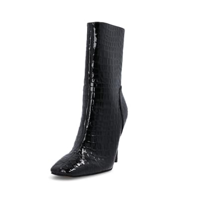 360 degree animation of product Black Patent croc embossed heeled Boots frame-23
